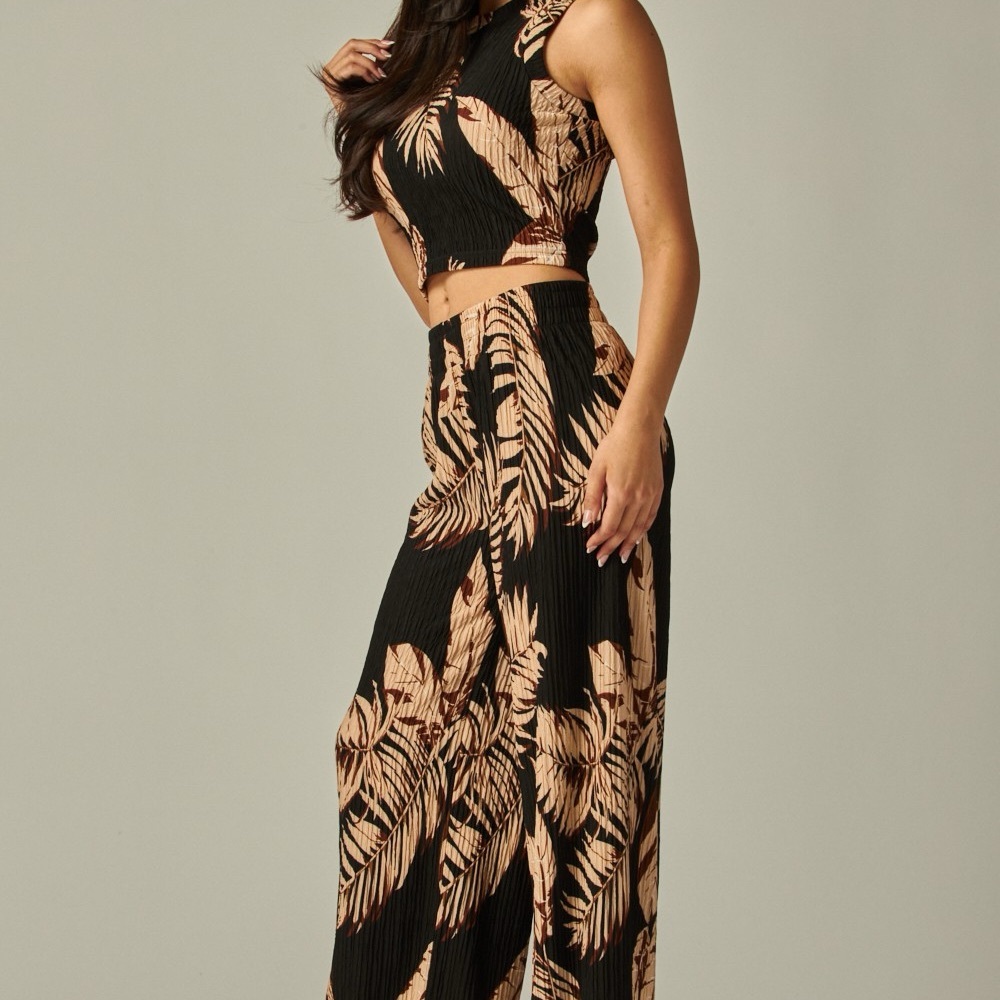 Tropical Print Black and Tan 2 Piece Set